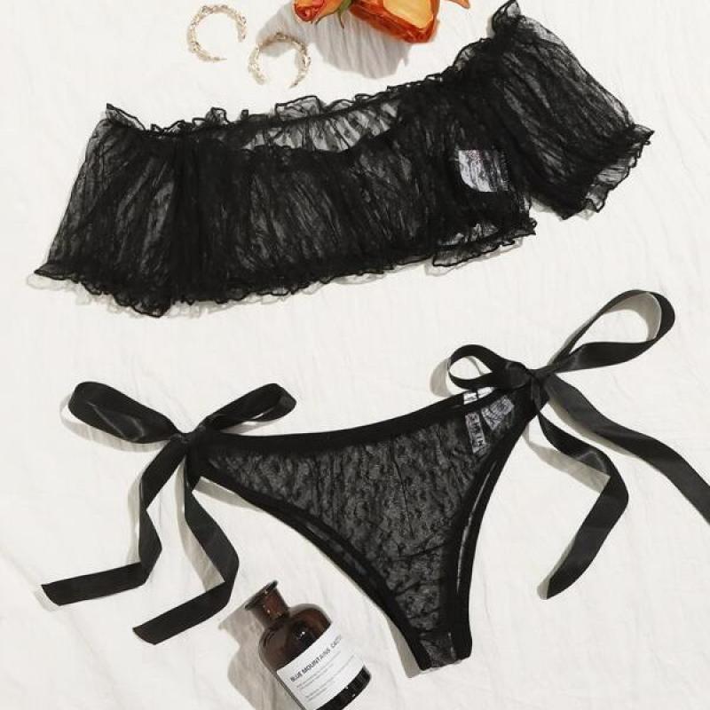 Plus Size Sheer Mesh Bustier Set - Strapless Lace Bra & Thong Combo